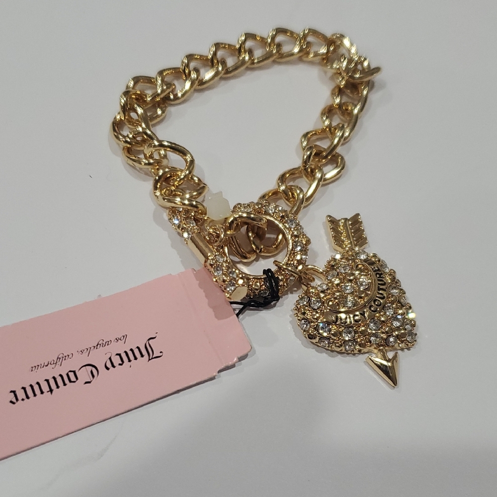 Juicy Couture Juicy monogram pave‎ cupid's arrow heart charm toggle bracelet new